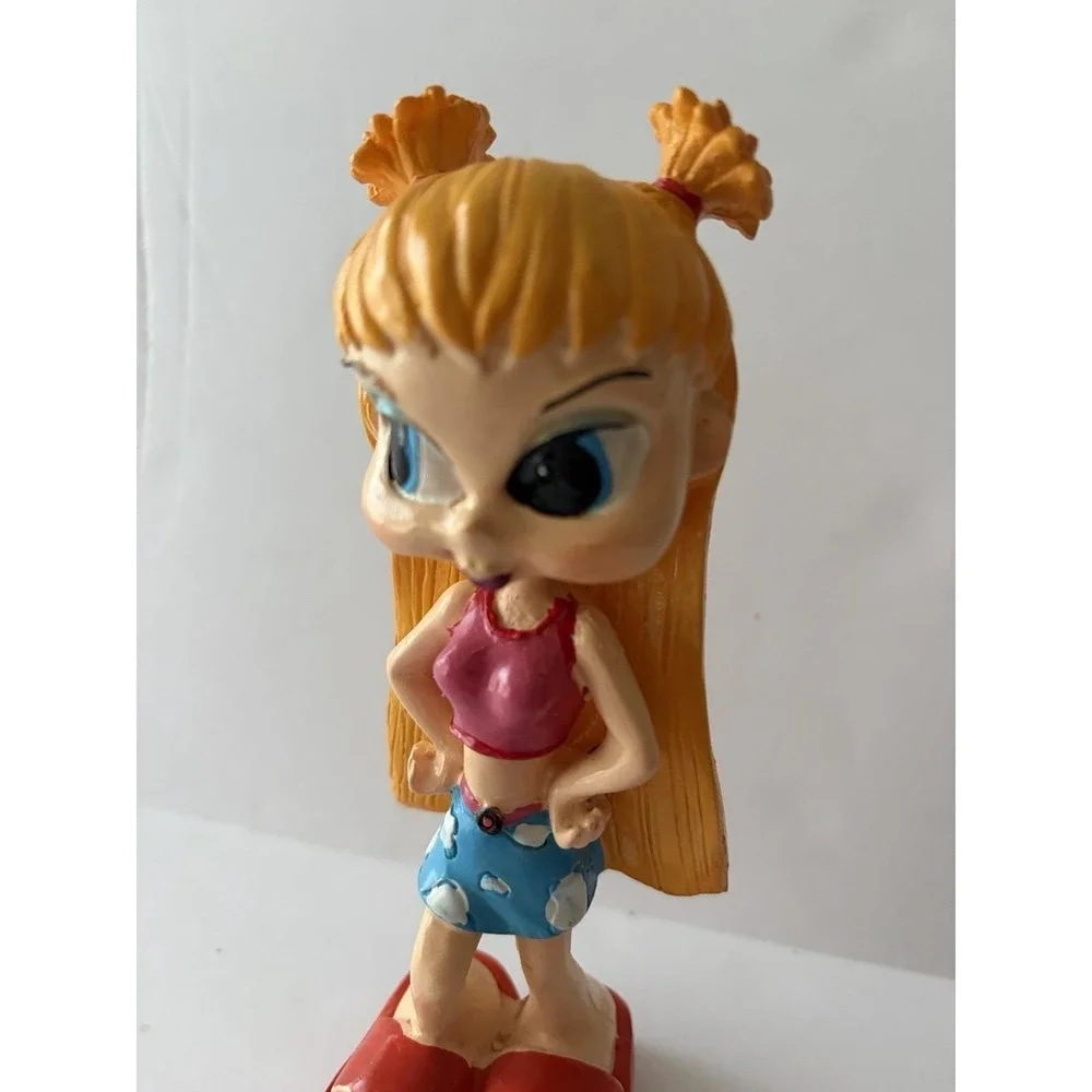 Resin Figurine Sassy Girl Big Eyes Pigtails Pink Top Blue Shorts Flip Flops 6in